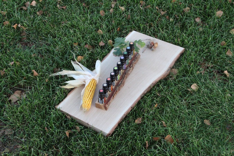 May include: A wooden stand with a natural bark finish holds a row of small glass bottles with colorful liquid inside. The bottles are arranged in a graduated size order, with the largest bottle at the top and the smallest bottle at the bottom. The stand is sitting on a wooden surface with a dried corn cob next to it.