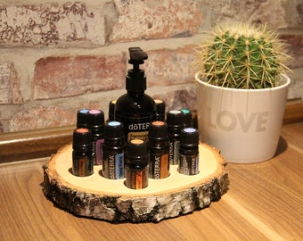 Display gemaakt van een boomschijf voor essentiële oliën (6+6) + kokosolie voor doTerra of young living, oliefleshouder, organizer