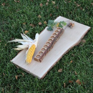 May include: A wooden tray with a row of small, round holes, a corn cob, and acorns on a wooden slab. The tray and slab are on a bed of green grass.