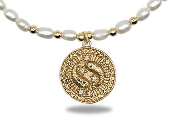 Elegant Freshwater Pearl Necklace - Gold Filled Accents - Round Zodiac Symbol Pendant - Personalized Style, Meaningful Gifting, Astrology