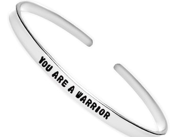 You Are a Warrior Engraved Thin Cuff Bracelet - Inspirational Stacking Jewelry, Motivational Gift for Her, Affirmation Cuff Bracelet