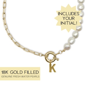 Paperclip Chain Combination Pearl Necklace, Gold Initials Pendant, Mean Girls Modern Half Half Jewelry