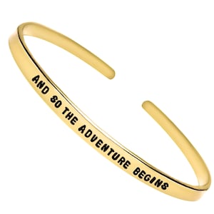 Thin Cuff Bracelet – &#39;And So the Adventure Begins&#39; Engraved, Minimalist Stacking Bracelet, Travel Gift, Graduation Jewelry, Adventure Cuff