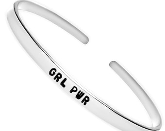 Empowered Grl Pwr Cuff – Slim Stacking Bracelet with Bold Girl Power Engraving, Perfect Feminist Jewelry for Strong, Fearless Women