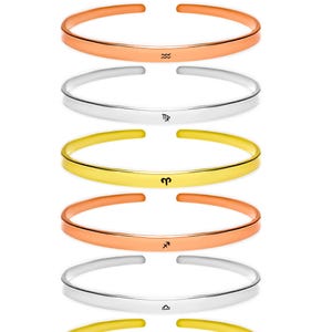 Personalized Thin Stamped Cuff Bracelet with Zodiac Symbol Engraved, Custom Astrology Jewelry, Perfect Gift for Zodiac Lovers