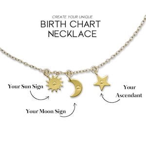 Collier avec breloques soleil, lune et signe ascendant astrologie personnalisée thème natal du zodiaque à personnaliser gravé bijoux du zodiaque Big 3 breloques
