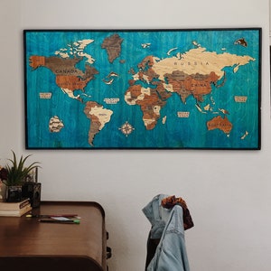 Weltkarte Wandkunst | 3D Gerahmtes, Handgefertigtes Wanddekor für Haus und Büro Decouration für Reiseliebhaber