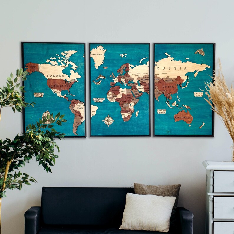 3 Frames World Map Wall Décor Framed Wall Hanging for Office, Home