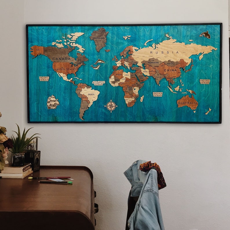 World Map Wall Art 3D Framed, Handcrafted Wall Décor for Home and