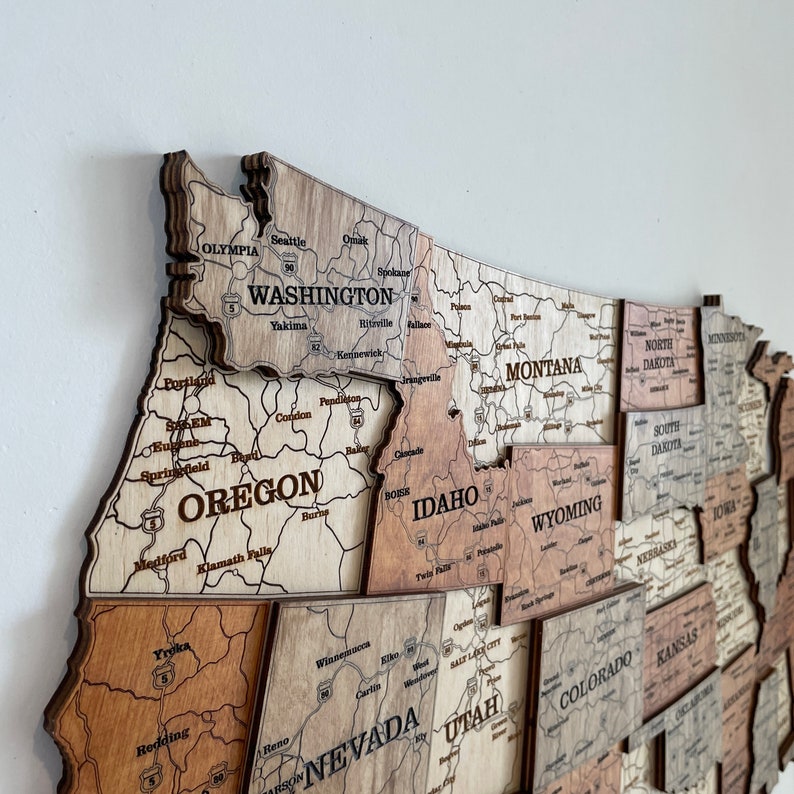 USA Wooden Map Wall Decor Multilayered- Laser Cut, Hand Stained, Spray Polished - Detailed with Highways, Cities and All States