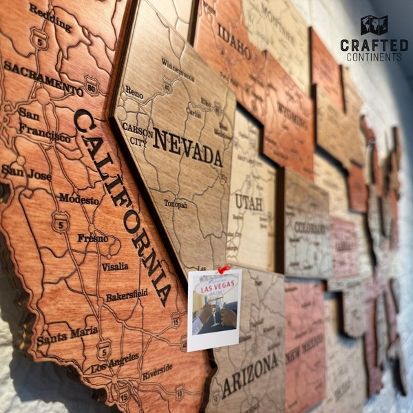 USA Wooden Push-Pin Map Wall Decor Multilayered- Laser Cut, Hand Stained, Spray Polished - Detailed with Highways, Cities and All States