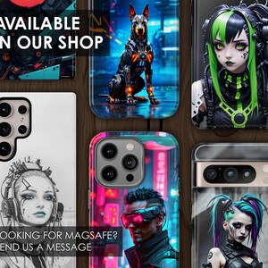 Puede incluir: Una colecci&oacute;n de fundas para tel&eacute;fonos con diferentes dise&ntilde;os. Las fundas presentan un perro robot, una mujer cyberpunk con cabello verde, una mujer con auriculares y un hombre con un casco futurista. El texto "AVAILABLE IN OUR SHOP" est&aacute; en la parte superior de la imagen. El texto "LOOKING FOR MAGSAFE? SEND US A MESSAGE" est&aacute; en la parte inferior de la imagen.