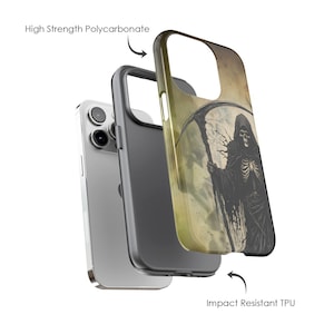 May include: A phone case with a graphic of a skeleton in a hooded robe holding a scythe. The case is made of two parts: a hard polycarbonate back and a flexible TPU bumper.