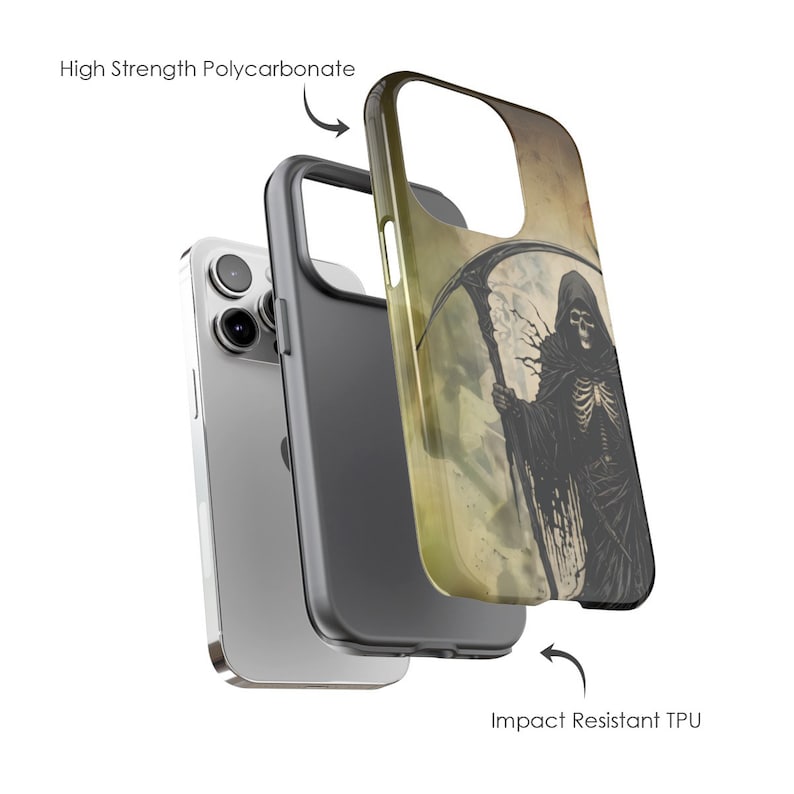 May include: A phone case with a graphic of a skeleton in a hooded robe holding a scythe. The case is made of two parts: a hard polycarbonate back and a flexible TPU bumper.