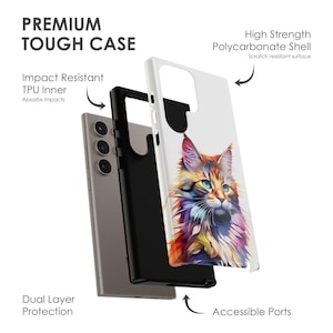 May include: A phone case with a dual layer design. The outer layer is a clear polycarbonate shell with a colorful cat illustration. The inner layer is a black TPU case that absorbs impacts. The case has accessible ports and a scratch resistant surface.