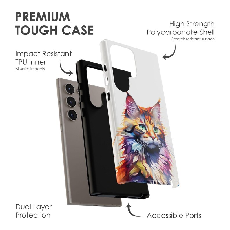 May include: A phone case with a dual layer design. The outer layer is a clear polycarbonate shell with a colorful cat illustration. The inner layer is a black TPU case that absorbs impacts. The case has accessible ports and a scratch resistant surface.