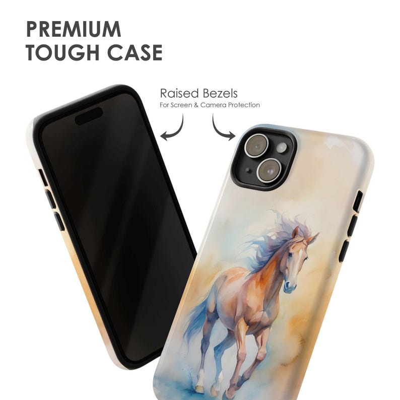 May include: A phone case featuring a watercolour painting of a brown horse running. The case has raised bezels for screen and camera protection. "Raised Bezels For Screen & Camera Protection" is written on the case.