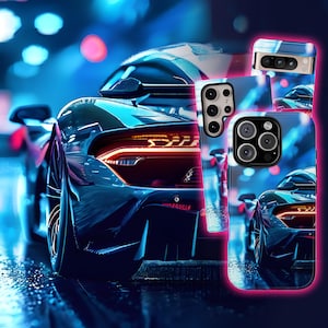 May include: Three phone cases featuring a blue and black sports car design. The cases have a blue and black background with a blurred image of a sports car in the background. The cases have a black border and a clear back.
