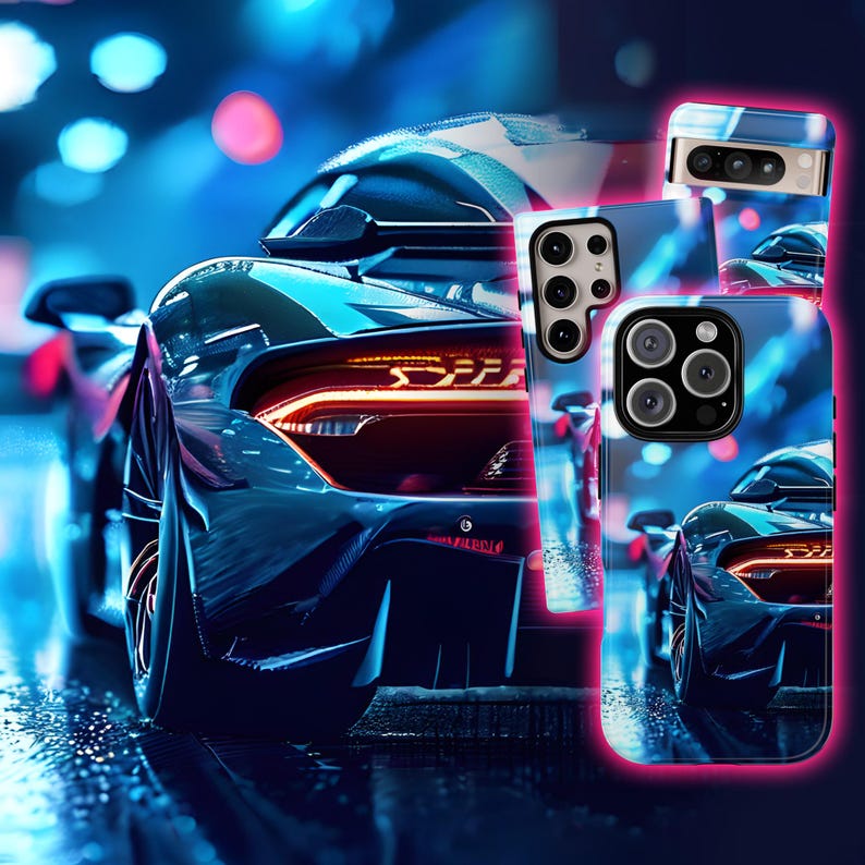 May include: Three phone cases featuring a blue and black sports car design. The cases have a blue and black background with a blurred image of a sports car in the background. The cases have a black border and a clear back.