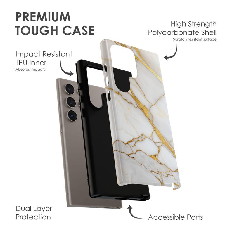 May include: A dual-layer phone case with a white marble design and gold accents. The case has a black TPU inner layer for impact resistance and a clear polycarbonate outer layer for scratch resistance. The case has accessible ports for charging and other functions.
