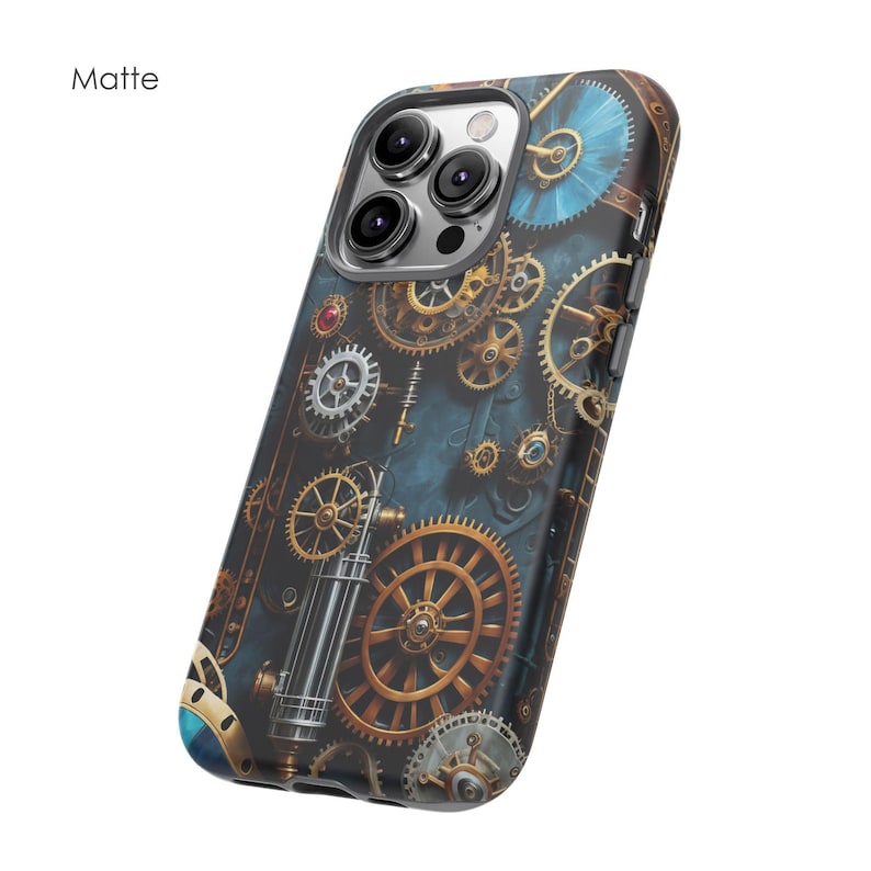 May include: A blue and gold phone case with a steampunk design featuring gears and cogs. The case is made for a phone with a triple camera lens.