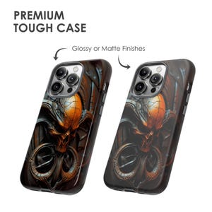 May include: Two phone cases with a skull design. The cases are black with a glossy or matte finish. The skull is a detailed design with a dark background.
