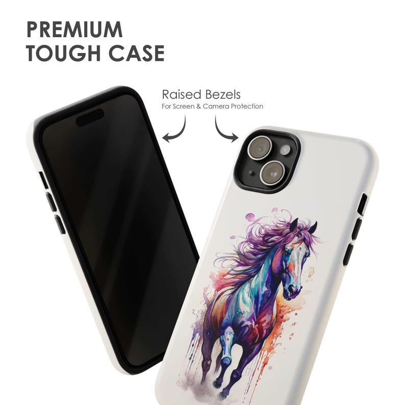 May include: A white phone case featuring a colourful watercolour painting of a horse running. The case has raised bezels for screen and camera protection. "Raised Bezels For Screen & Camera Protection" is printed on the case.