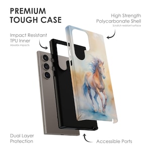 May include: A dual-layer phone case with a black TPU inner layer and a clear polycarbonate outer layer featuring a watercolour painting of a brown horse running. The case has accessible ports and a scratch-resistant surface.