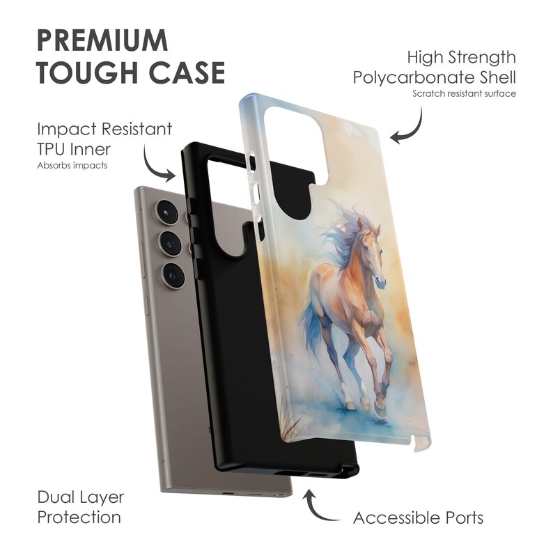 May include: A dual-layer phone case with a black TPU inner layer and a clear polycarbonate outer layer featuring a watercolour painting of a brown horse running. The case has accessible ports and a scratch-resistant surface.