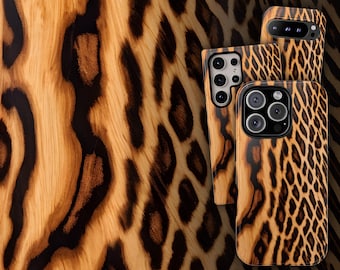 May include: Three phone cases featuring a brown and black leopard print pattern. The cases have camera cutouts and are displayed against a matching leopard print background. Text at the bottom reads: This Phone Case is NOT made of Wood.