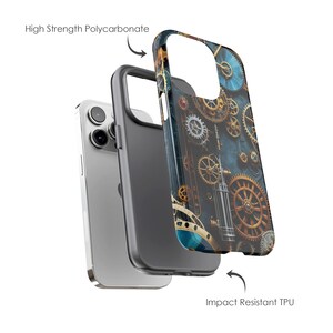 May include: A two-piece phone case with a steampunk design. The outer layer is made of high-strength polycarbonate and the inner layer is made of impact-resistant TPU.