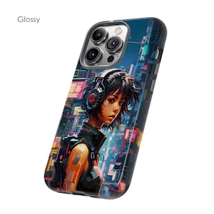 May include: A glossy black phone case with a colourful cyberpunk design featuring a woman with headphones and a city background.