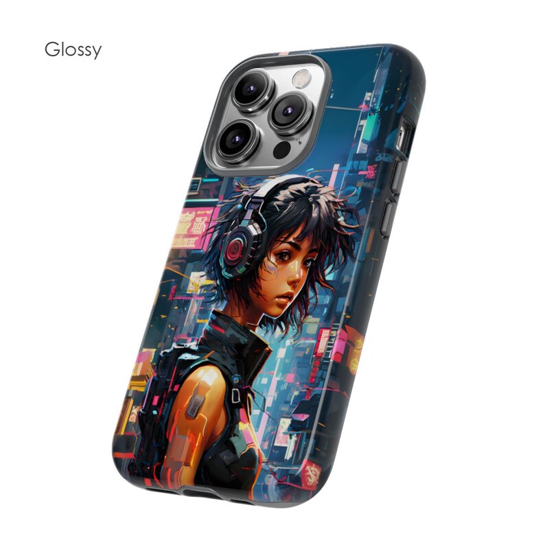 May include: A glossy black phone case with a colourful cyberpunk design featuring a woman with headphones and a city background.