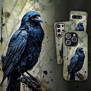May include: Three phone cases with a black raven design on a green and white abstract background. The raven is perched on a branch with its wings spread.