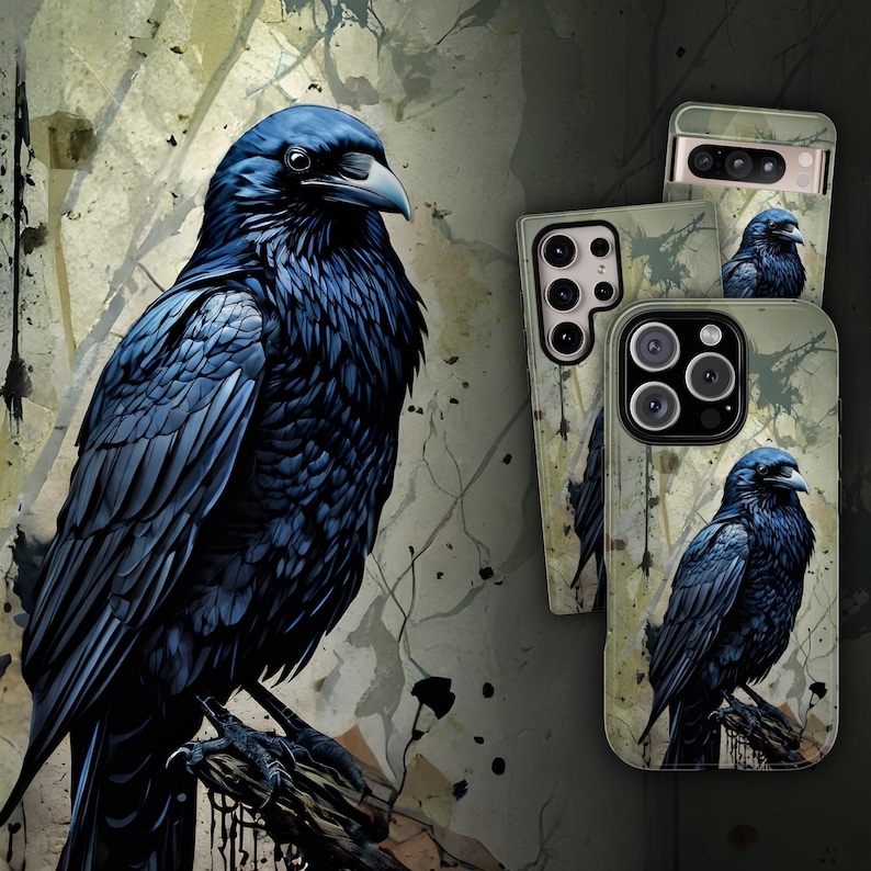 May include: Three phone cases with a black raven design on a green and white abstract background. The raven is perched on a branch with its wings spread.