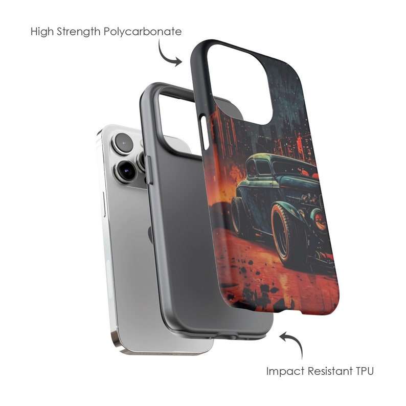 May include: A two-piece phone case with a black and gray impact resistant TPU bumper and a high strength polycarbonate back plate. The back plate features a graphic of a vintage hot rod car with a red, orange, and yellow flame design.