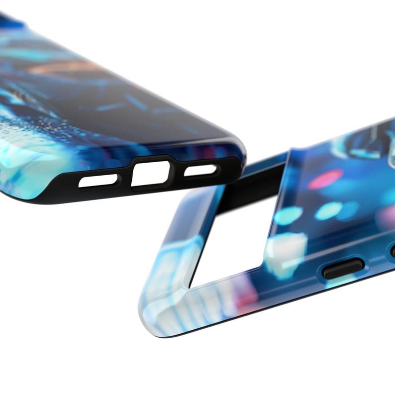May include: Two phone cases with a blue and white abstract design. The cases have a black rubber bumper around the edges.