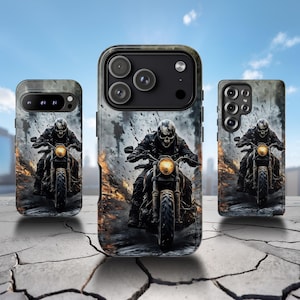 Funda para teléfono con calavera de motociclista: diseño de motocicleta grunge para iPhone, Samsung y Pixel imagen 1
