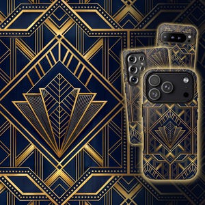 Three phone cases for iPhone, Samsung Galaxy, and Google Pixel displayed together, each featuring a navy and gold art deco design.