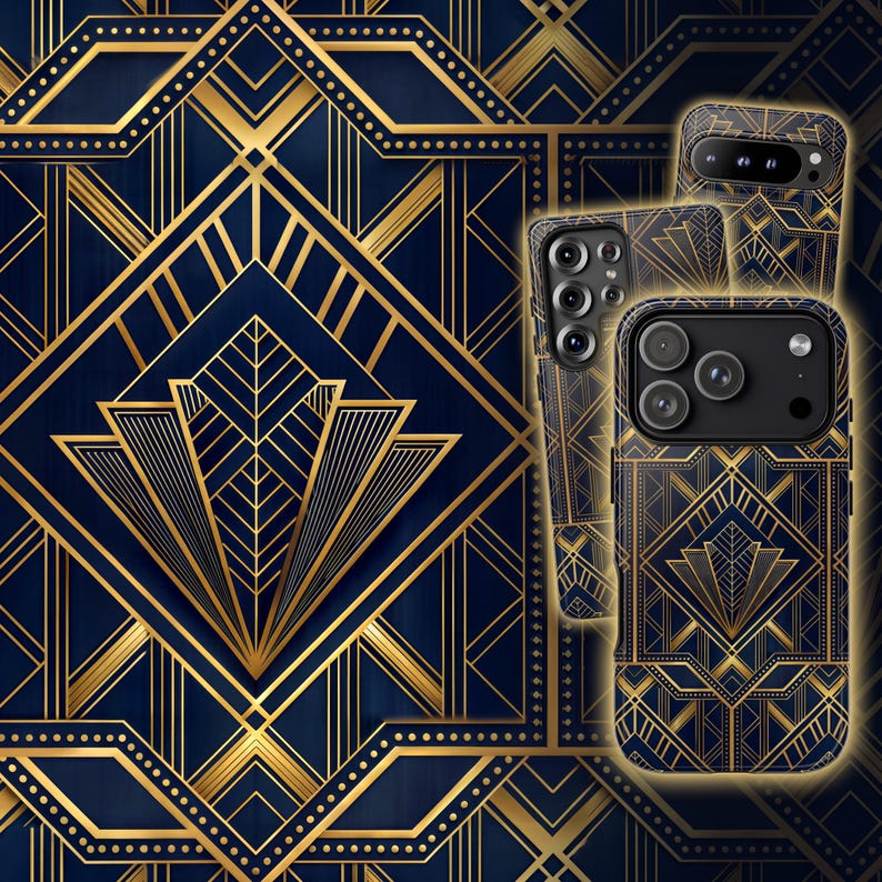 Three phone cases for iPhone, Samsung Galaxy, and Google Pixel displayed together, each featuring a navy and gold art deco design.