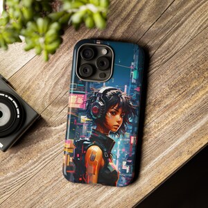 May include: A phone case with a colourful cyberpunk design featuring a woman with headphones and a futuristic cityscape in the background.