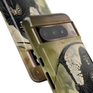 May include: A green, brown, and black phone case with a graphic of the Grim Reaper holding a scythe. The case has a raised camera bump with three camera lenses.