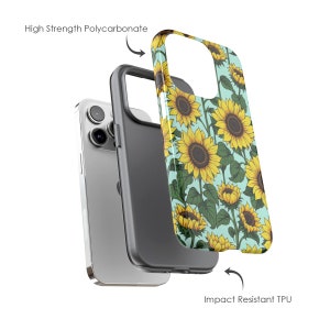 May include: A two-piece phone case with a sunflower pattern. The outer layer is made of high-strength polycarbonate and the inner layer is made of impact-resistant TPU.