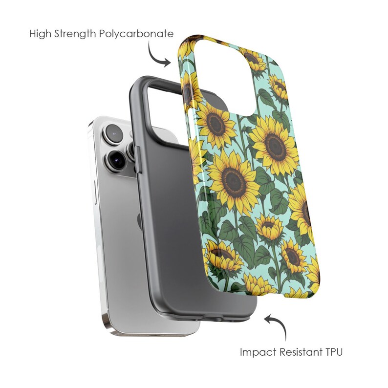 May include: A two-piece phone case with a sunflower pattern. The outer layer is made of high-strength polycarbonate and the inner layer is made of impact-resistant TPU.