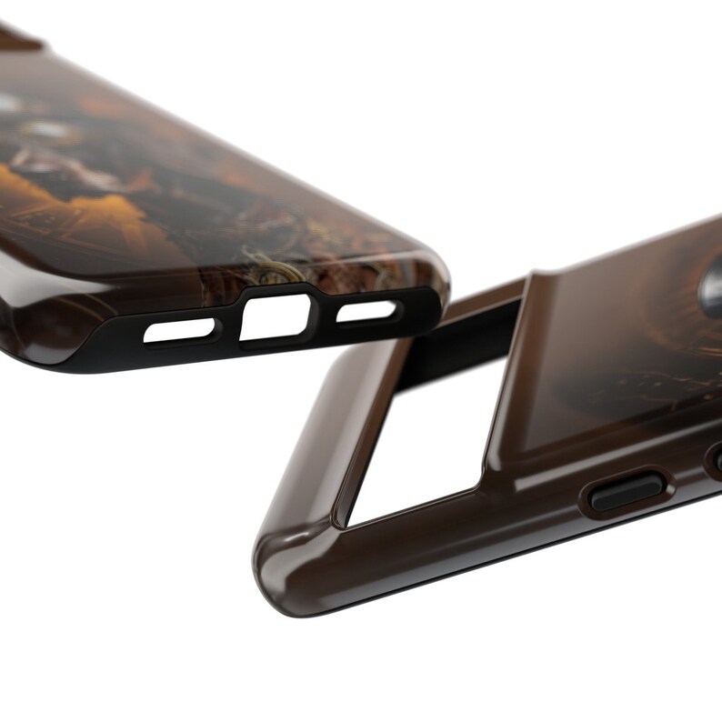 May include: Two brown phone cases with a camouflage pattern. The cases are made of a hard plastic material and have a glossy finish. The cases are designed to fit a smartphone.