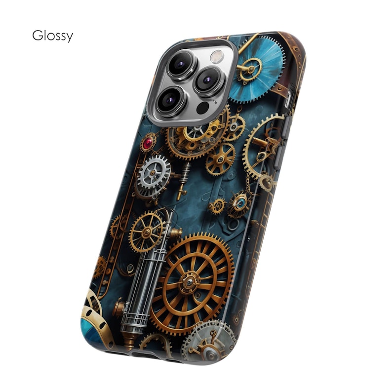 May include: A blue and gold phone case with a steampunk design featuring gears and cogs. The case has a glossy finish.