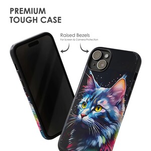 May include: A black phone case with a raised bezel for screen and camera protection. The case features a colourful illustration of a cat with a galaxy background.