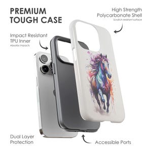 May include: A dual-layer phone case with a white outer shell and a black inner shell. The outer shell features a colourful watercolour painting of a horse running. The case has a "High Strength Polycarbonate Shell" and an "Impact Resistant TPU Inner".