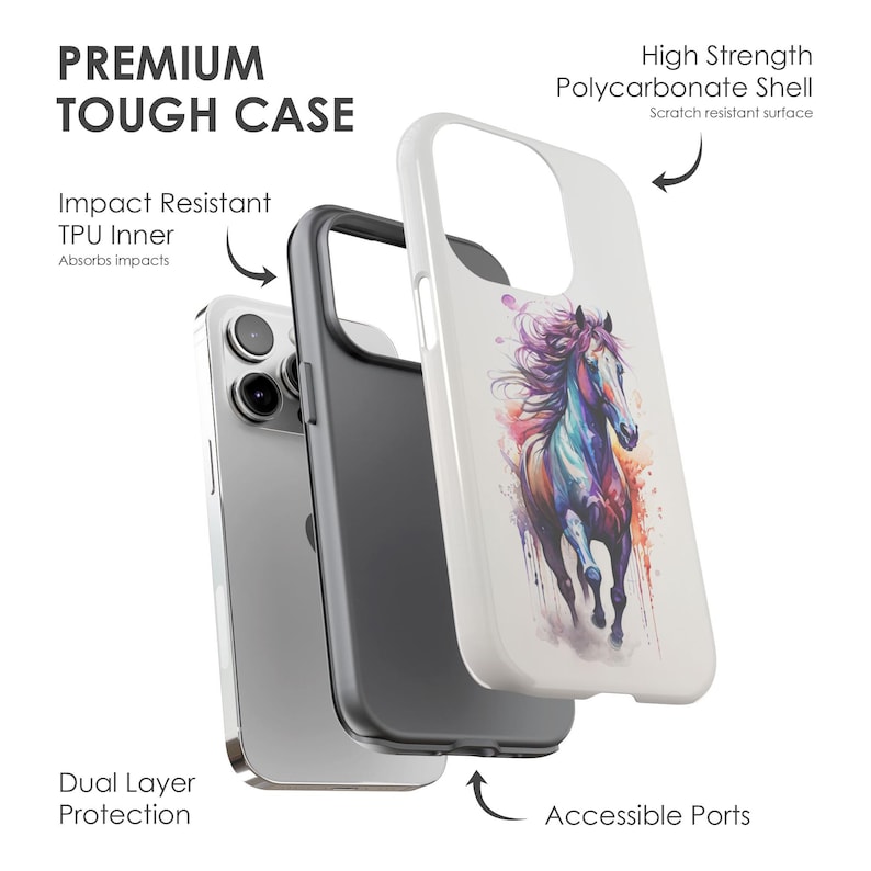 May include: A dual-layer phone case with a white outer shell and a black inner shell. The outer shell features a colourful watercolour painting of a horse running. The case has a "High Strength Polycarbonate Shell" and an "Impact Resistant TPU Inner".