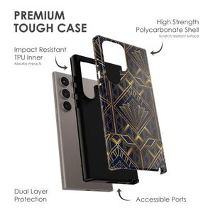 May include: A premium tough phone case with a dual-layer design. The case features a black TPU inner layer for impact resistance and a high-strength polycarbonate shell with a scratch-resistant surface. The outer shell has a navy blue and gold art deco pattern.
